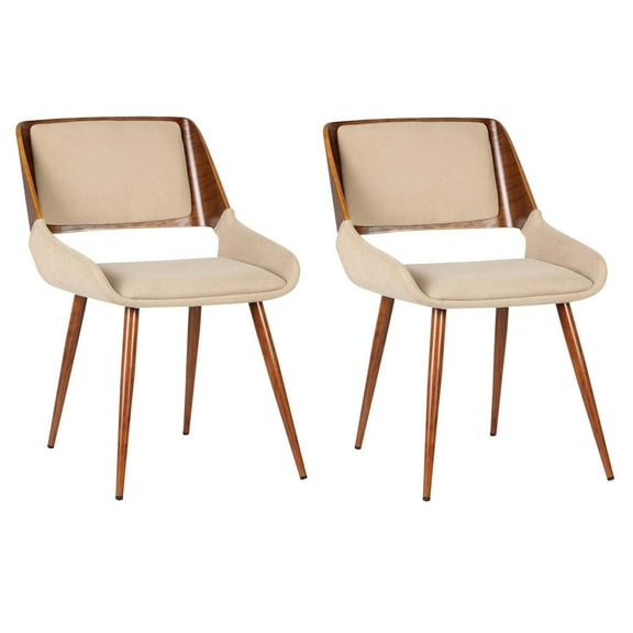 Armen Living Panda Mid-Century Dining Chair in Walnut Finish and Brown Fabric Set Of 2