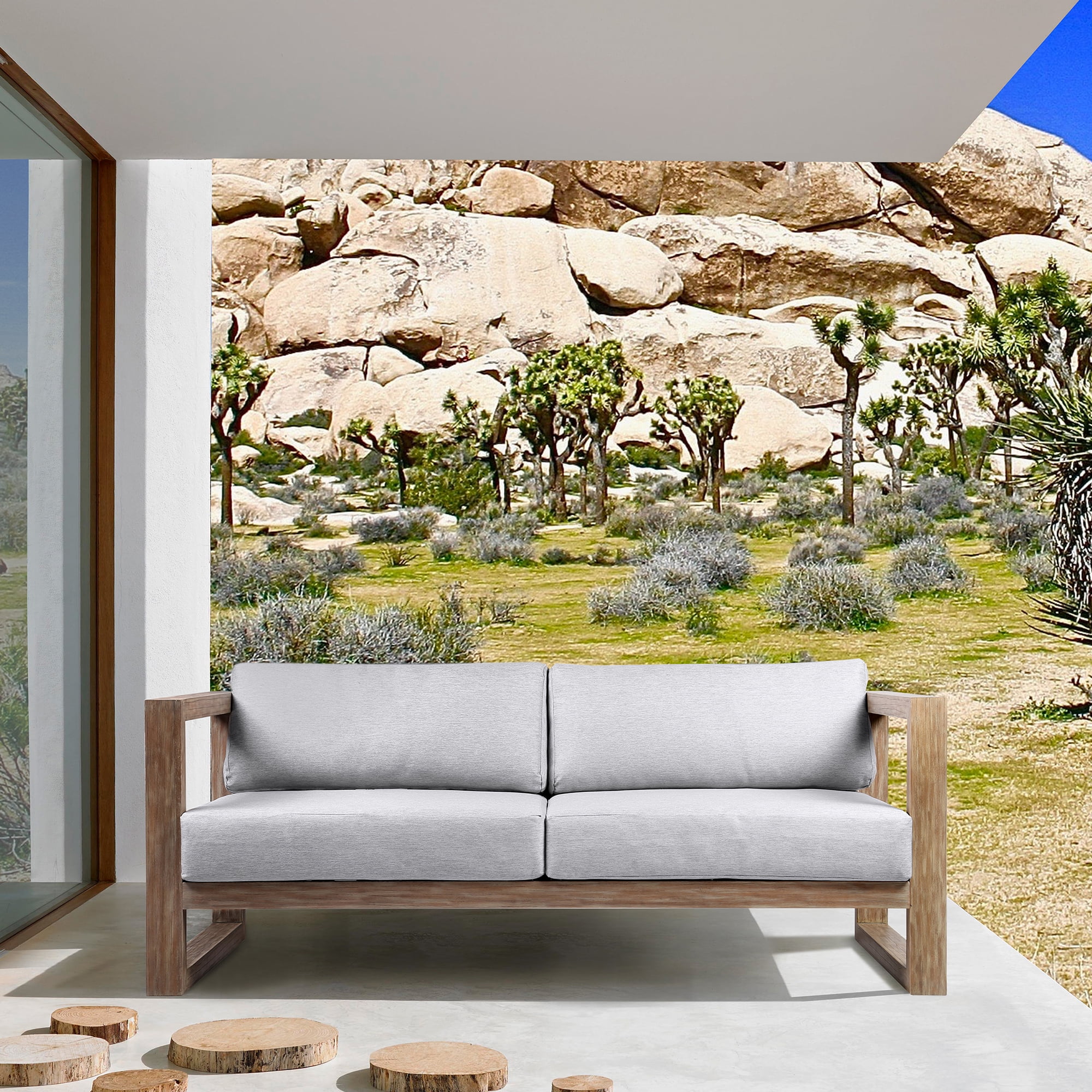 Light Gray Eucalyptus Wood Outdoor Sofa with Cushions