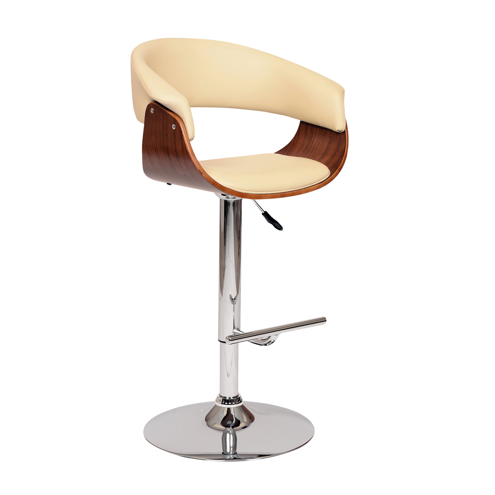 Cream Faux Leather Adjustable Swivel Barstool with Walnut Wood