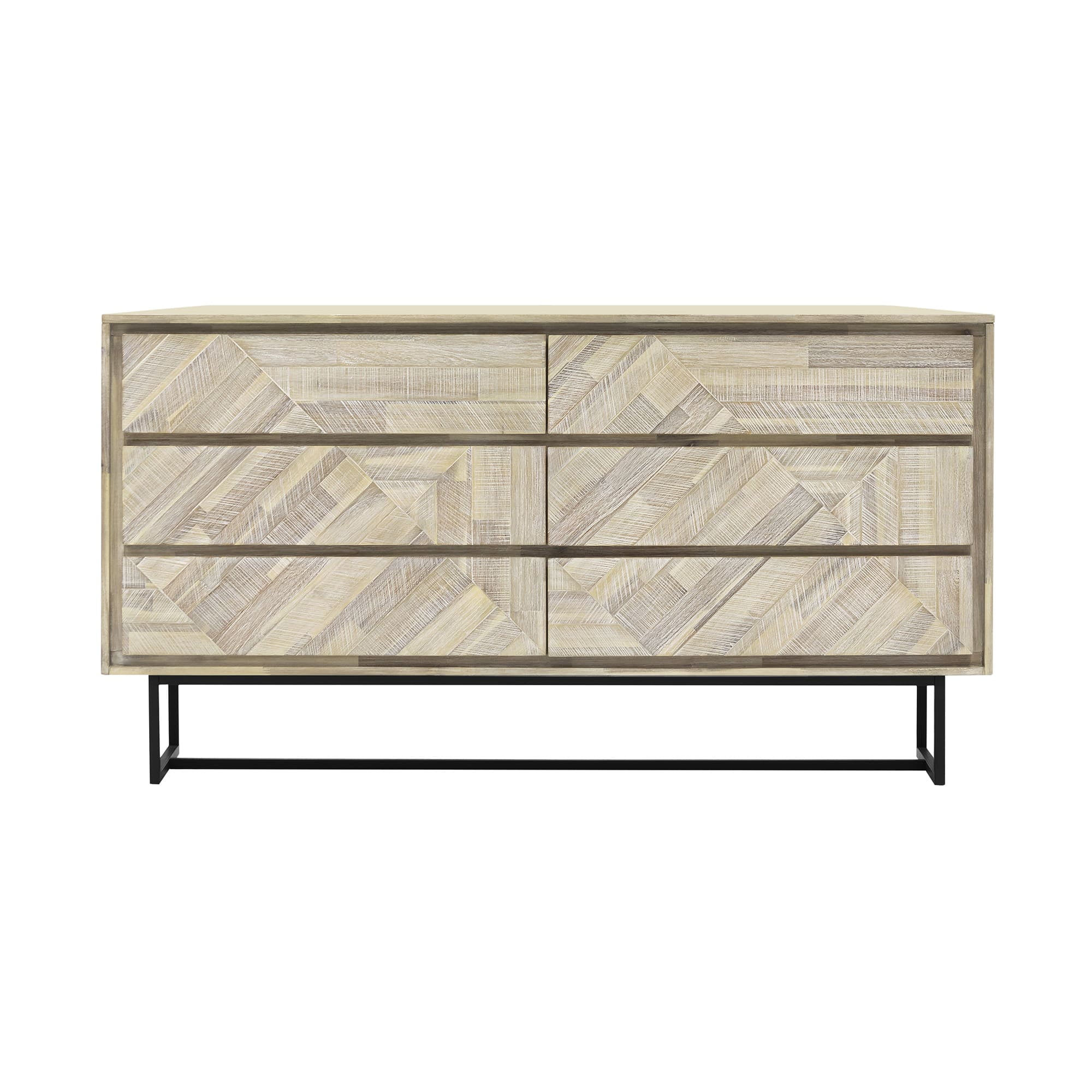 Transitional Acacia Wood 6-Drawer Dresser with Black Metal Base