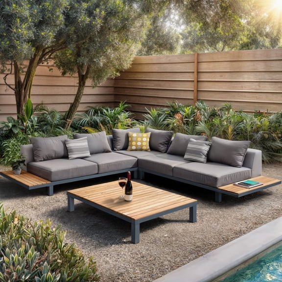Armen Living Polo 4 piece Outdoor Sectional Set with Dark Gray Cushions and Modern Accent Pillows