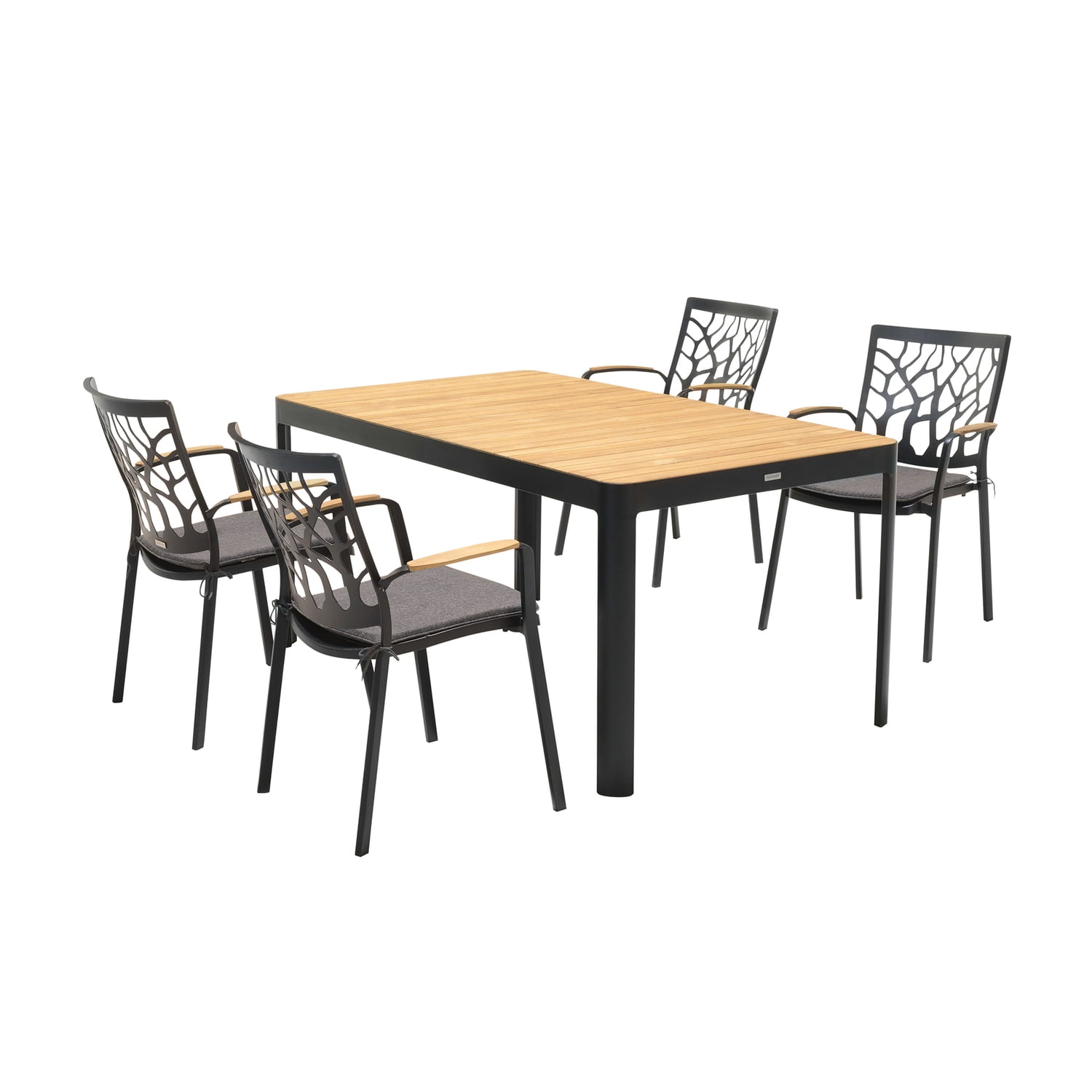 Armen Living Portals Outdoor 5 piece Dining Table Set in Black Finish and Natural Teak Wood Accent Top