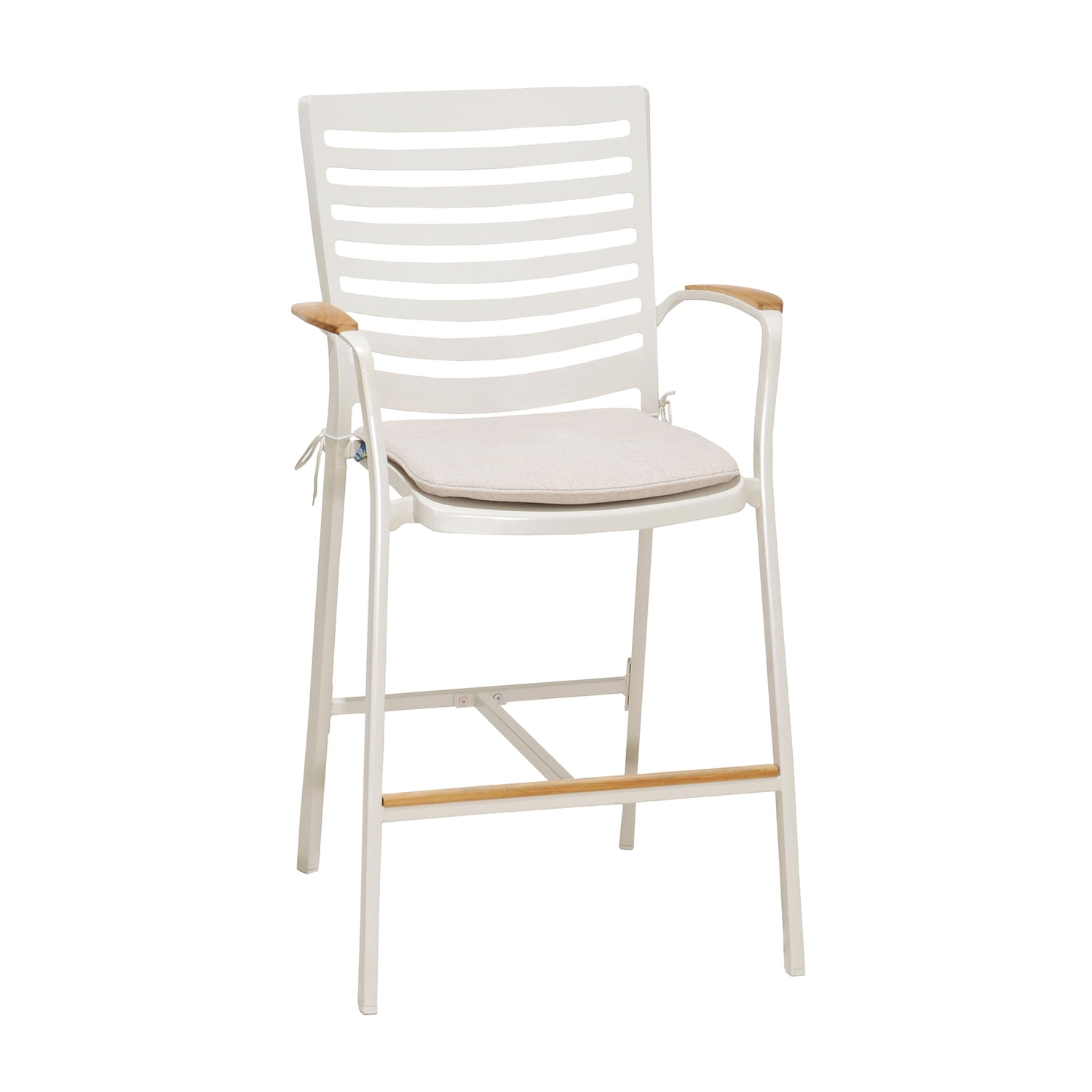 Contemporary Beige and White Bar Stool with Teak Wood Accents
