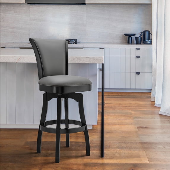 Armen Living Raleigh 30" Bar Height Swivel Barstool in Black Finish and Gray Faux Leather