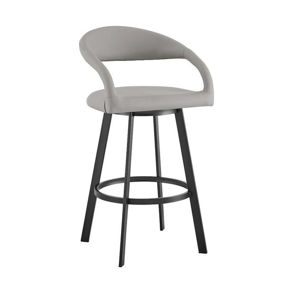 Armen Living Ramona 30" Swivel Bar Stool with Matte Black Iron and Light Gray Faux Leather