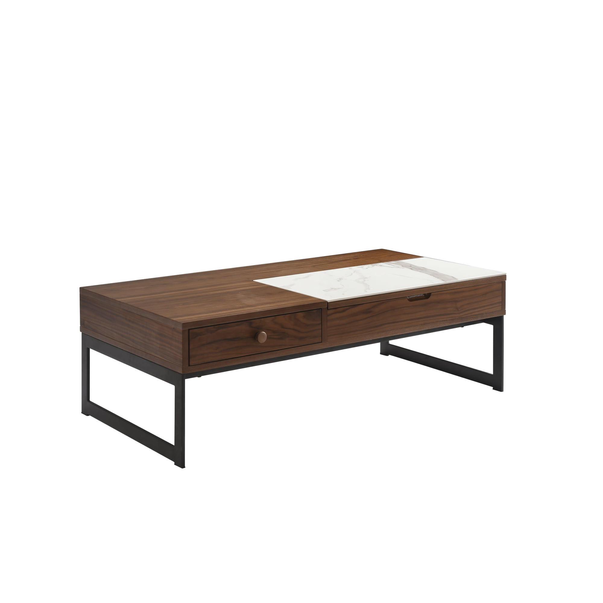 Faye Transitional Rectangular Lift-Top Coffee Table in Walnut Finish with Sintered Stone Panel and Black Metal Base