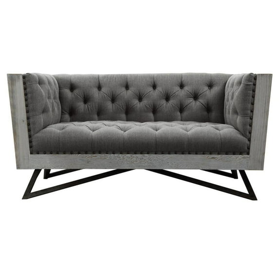 Armen Living Regis Contemporary Loveseat in Grey Fabric with Black Metal Finish Legs and Antique Brown Nailhead Accents