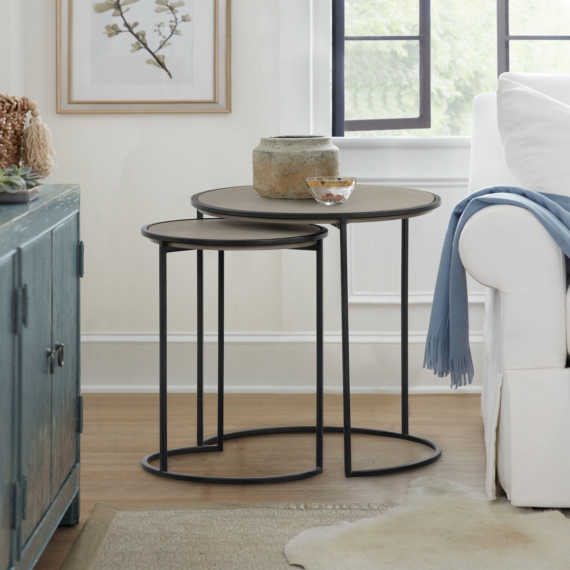 Rina Round Concrete & Black Metal Nesting End Table Set