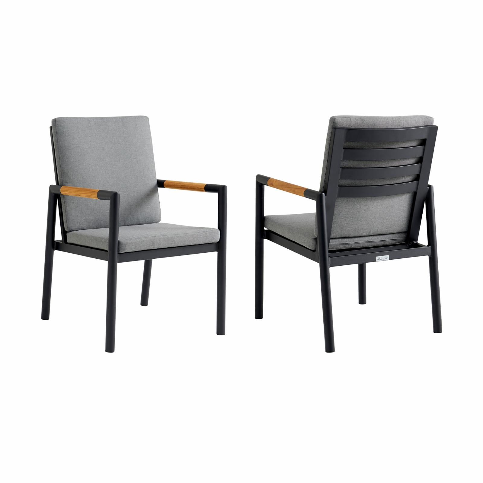 Royal Black Aluminum and Teak Outdoor Dining Chair Set with Gray Cushions