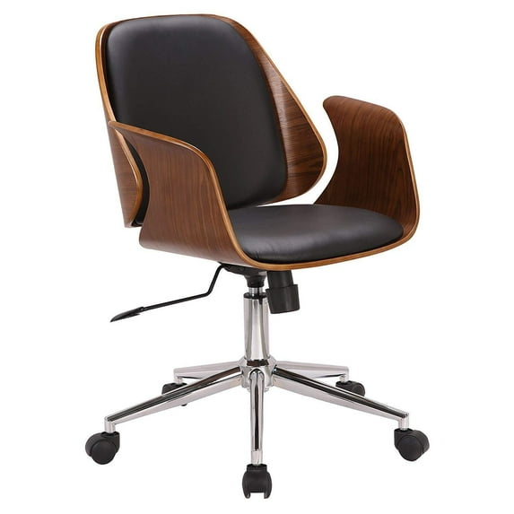 Armen Living Santiago Mid-Century Office Chair in Black Faux Leather with Walnut Wood Finish