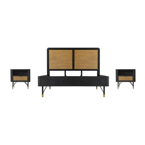 Armen Living Saratoga 3 Piece Queen Bedroom Set in Black Acacia Wood and Rattan