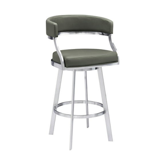 Saturn Modern 26" Seat Height Gray Faux Leather and Brushed Stainless Steel Metal Swivel Bar Stool for Kitchen Island Counter
