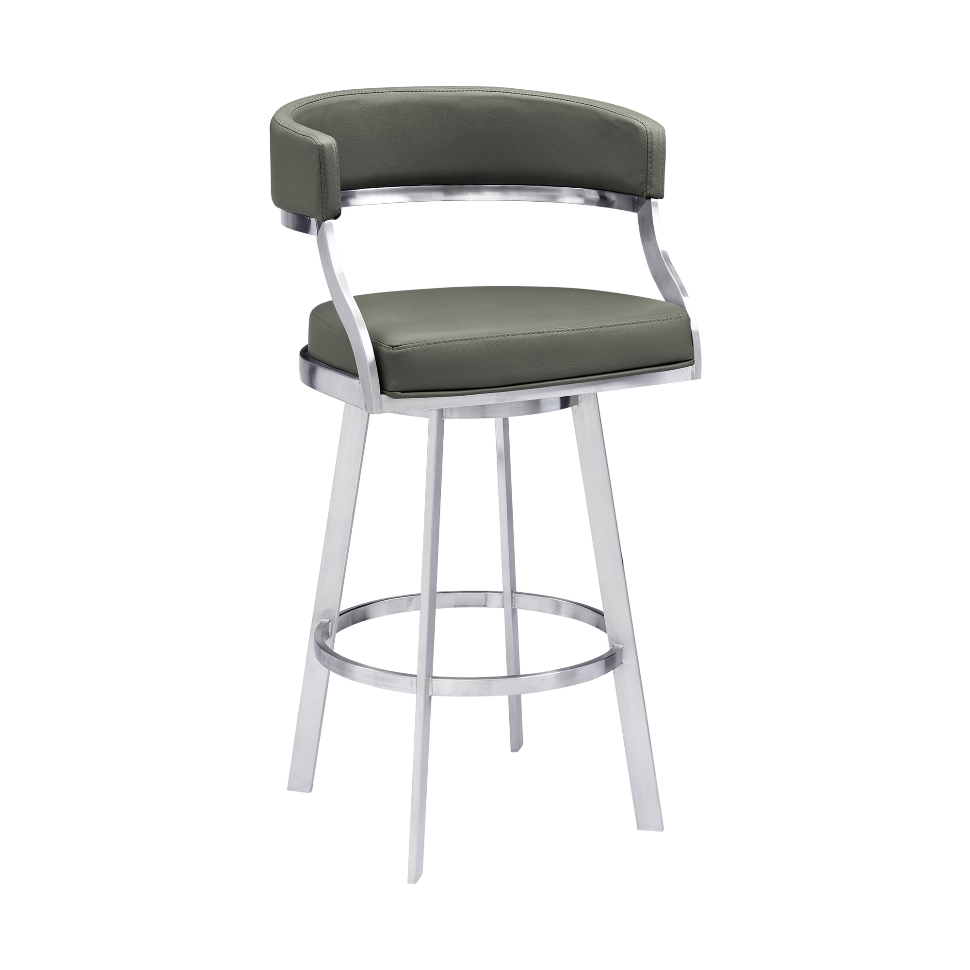 Saturn Modern 30" Seat Height Gray Faux Leather and Brushed Stainless Steel Metal Swivel Bar Stool for Kitchen Island Counter