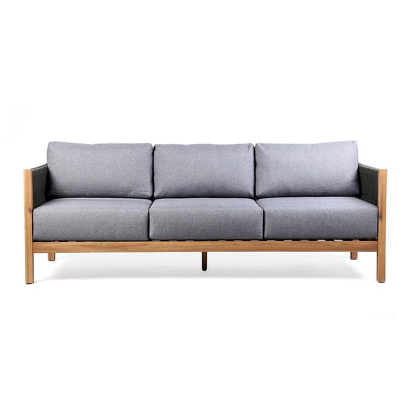 Sienna Outdoor Patio Sofa in Eucalyptus Wood with Teak Finish and Gray Fabric