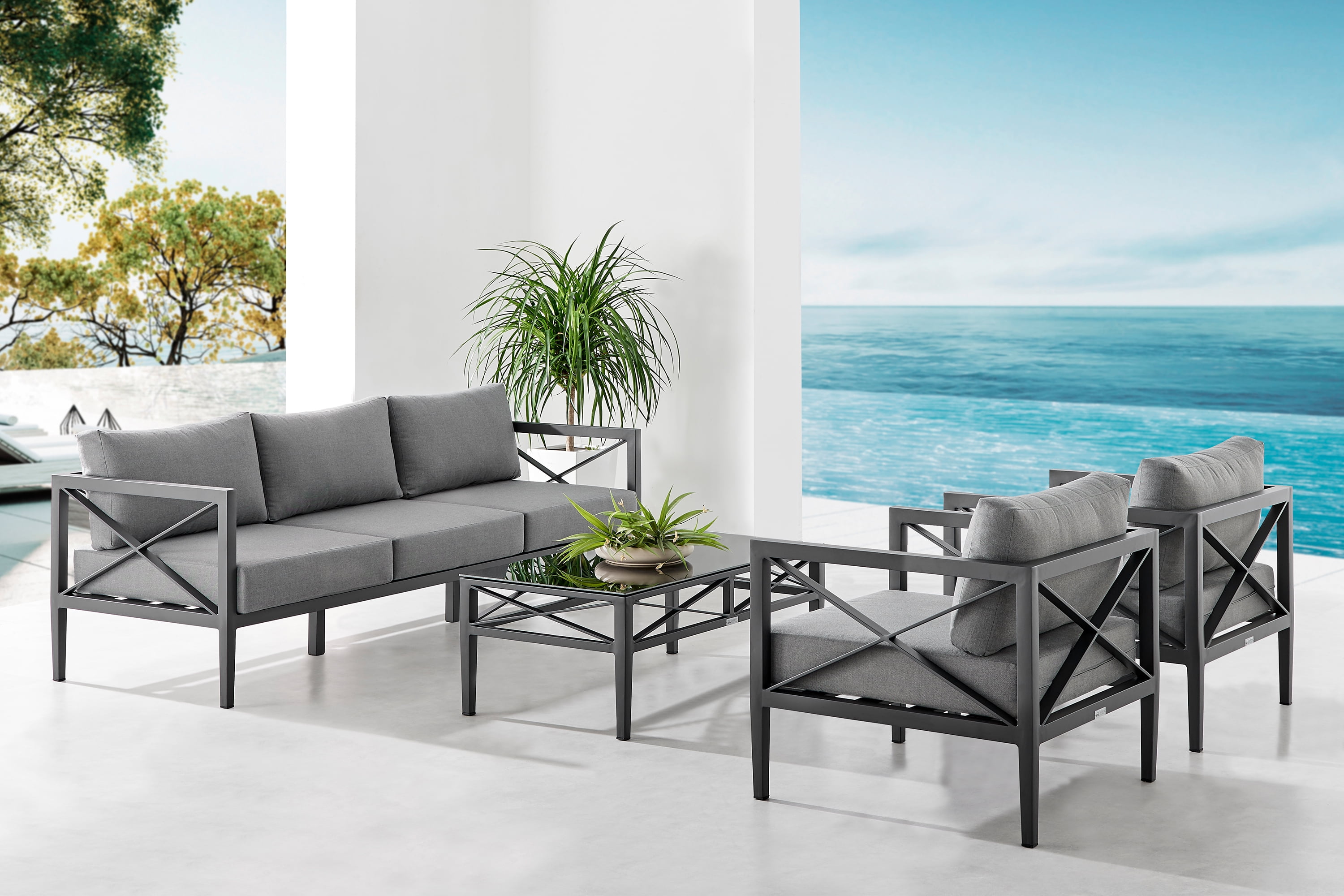 Armen Living Sonoma Outdoor 4 Piece Set In Dark Grey Finish And Cushions