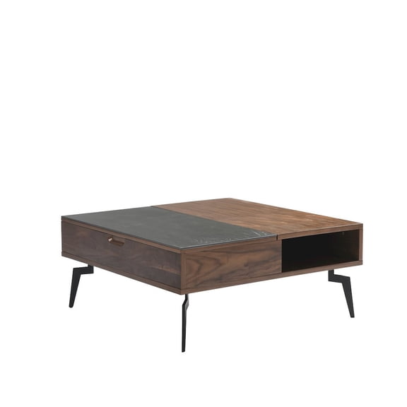 Armen Living Square Lift-Top Coffee Table in Walnut Finish with Sintered Stone Panel