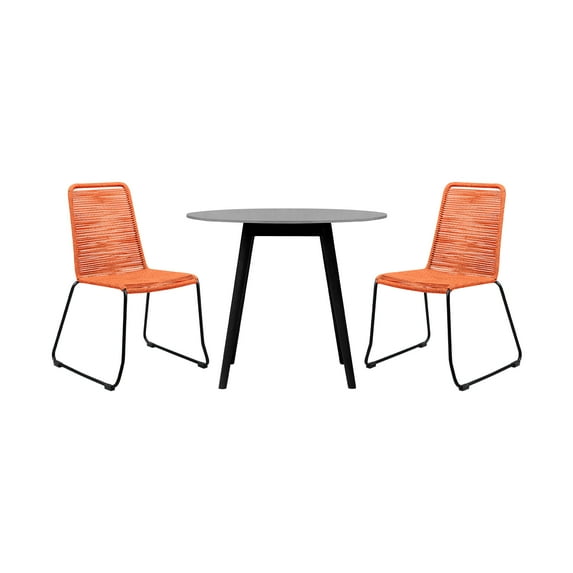 Armen Living Sydney and Shasta 3 Piece Outdoor Patio 36" Dining Set in Black Eucalyptus Wood and Tangerine Rope