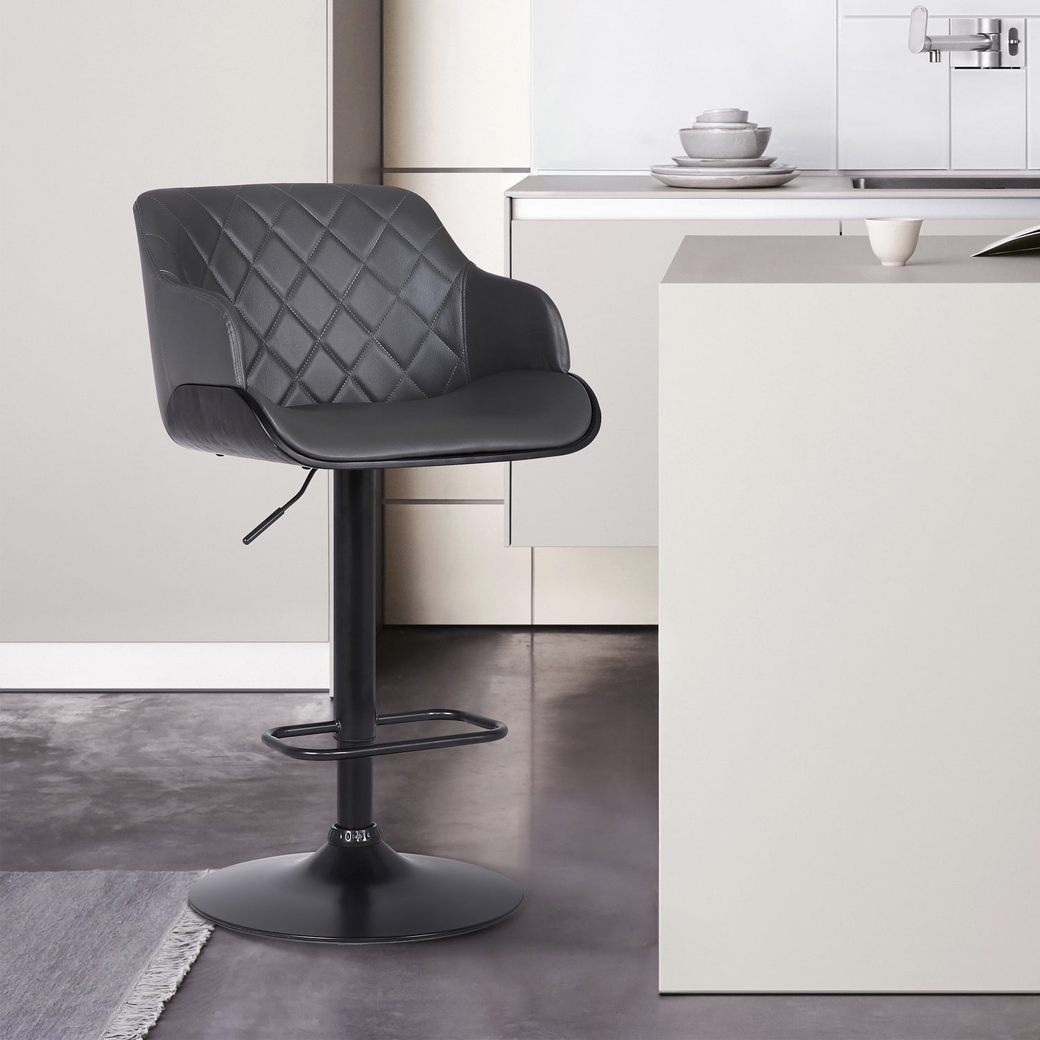 Toby Gray Faux Leather Adjustable Height Swivel Black Wood and Metal Bar Stool