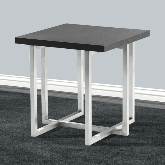 Armen Living Topaz Contemporary End Table in Brushed Stainless Steel Finish with Grey Veneer Wood Top