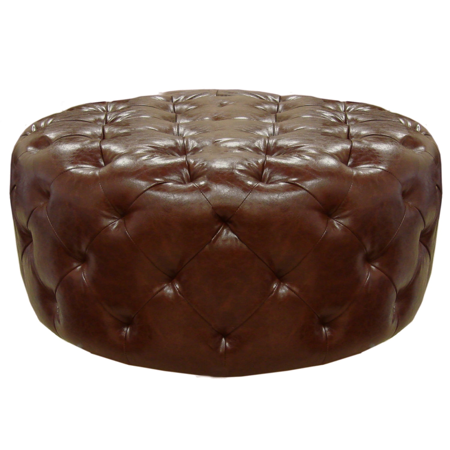 Brown Tufted Round Leather Ottoman
