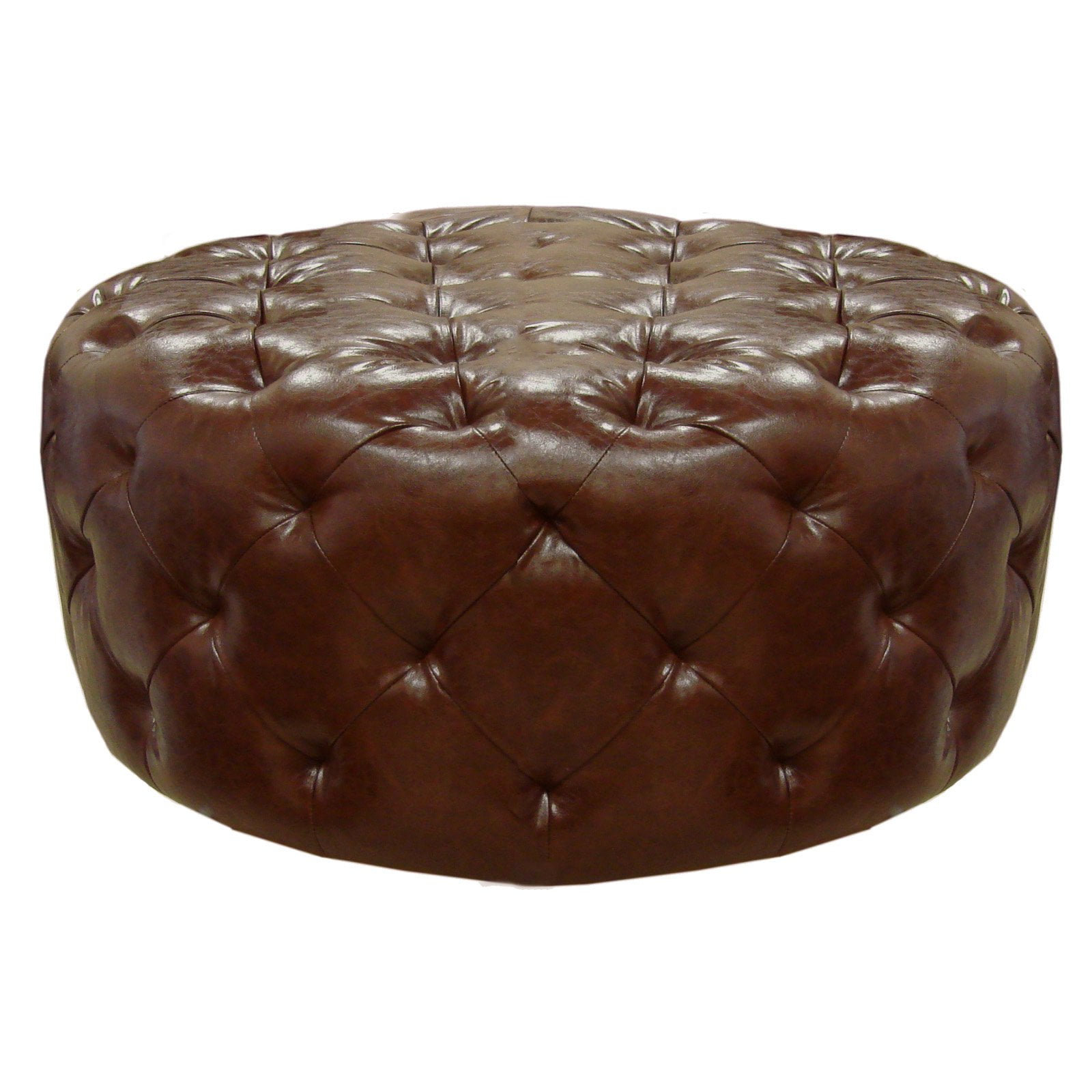 Brown Tufted Round Leather Ottoman