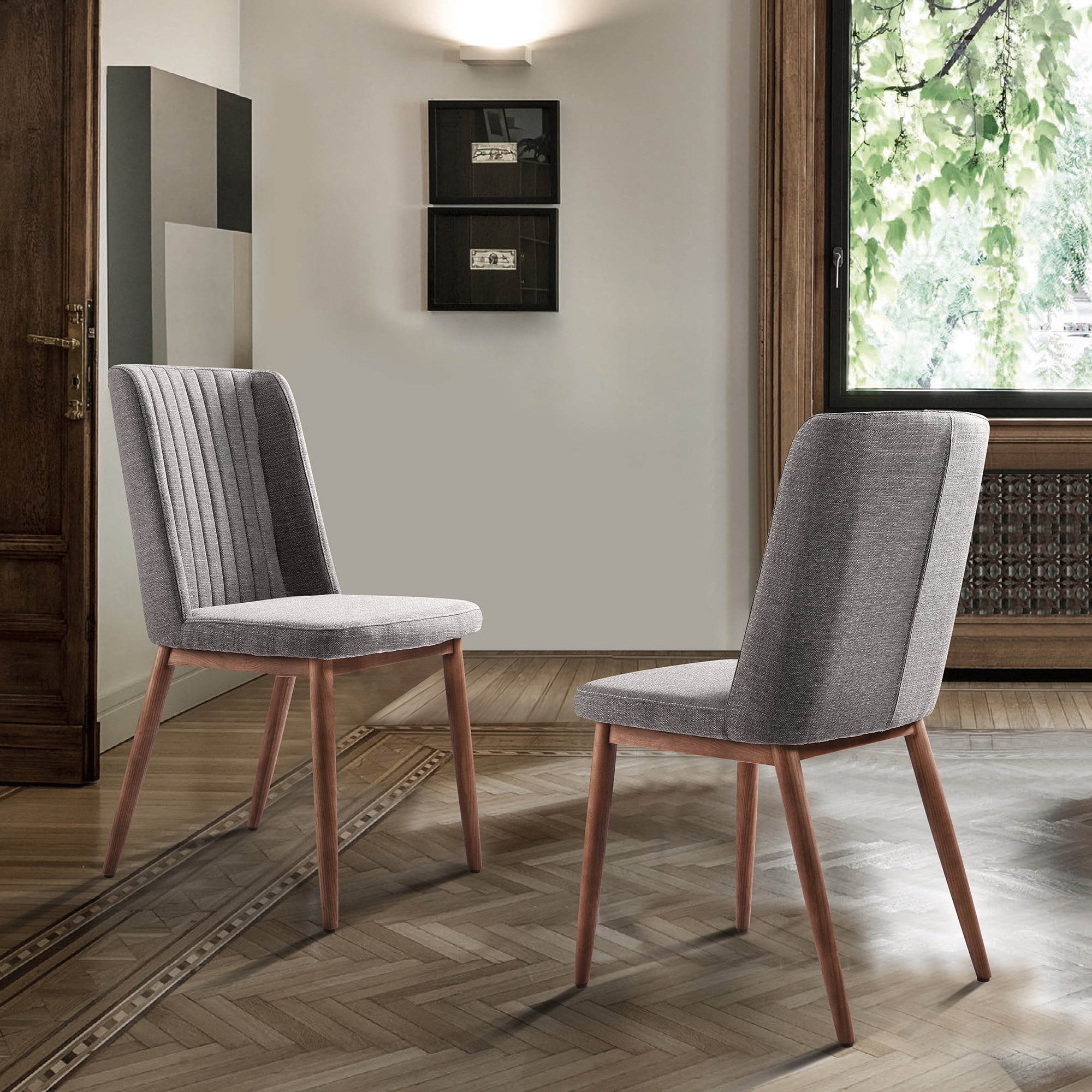 Armen Living Wade Mid-Century Dining Chair in Walnut Finish and Gray Fabric (Set of 2)
