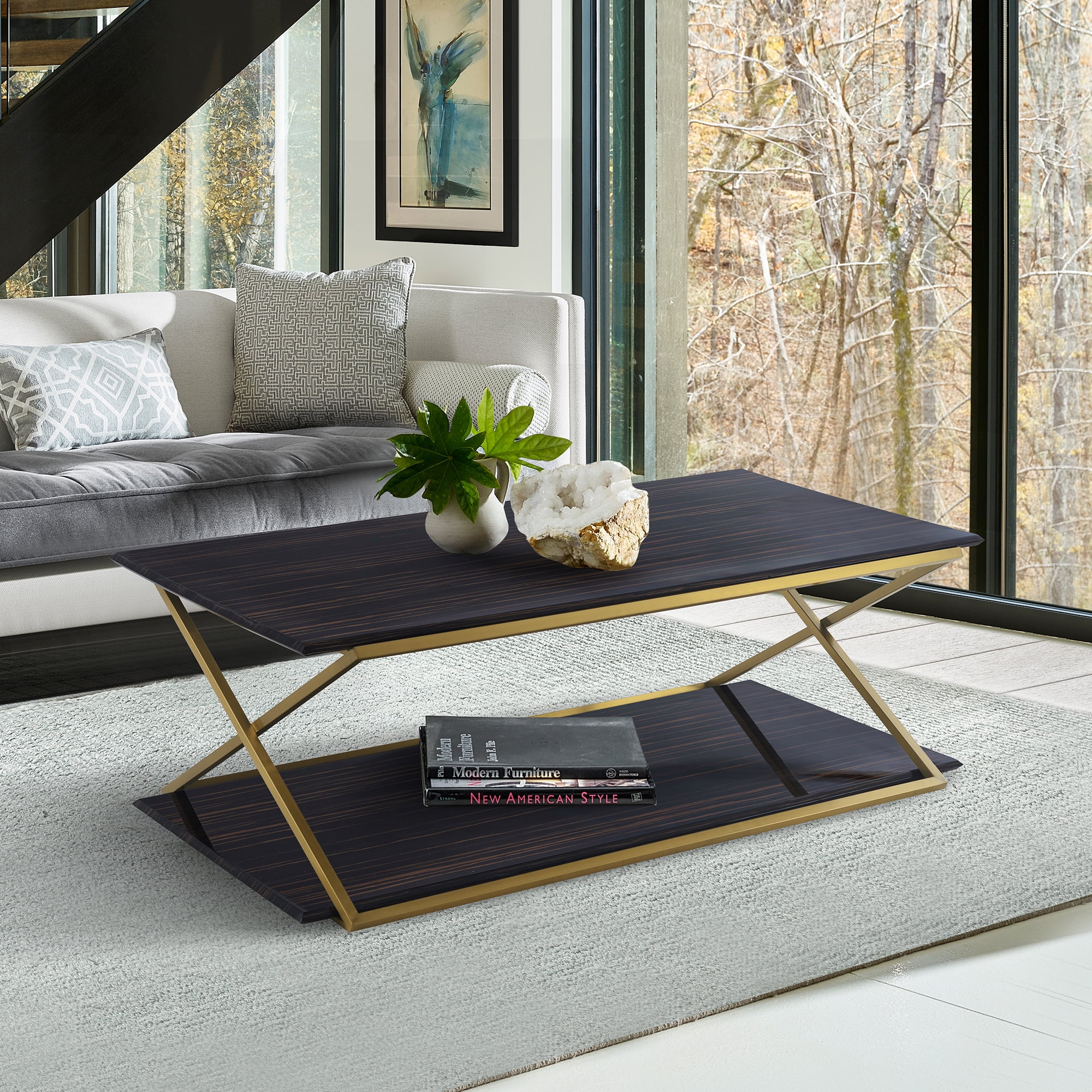 Armen Living Westlake Modern Wood Metal Coffee Table in Dark Brown Gold