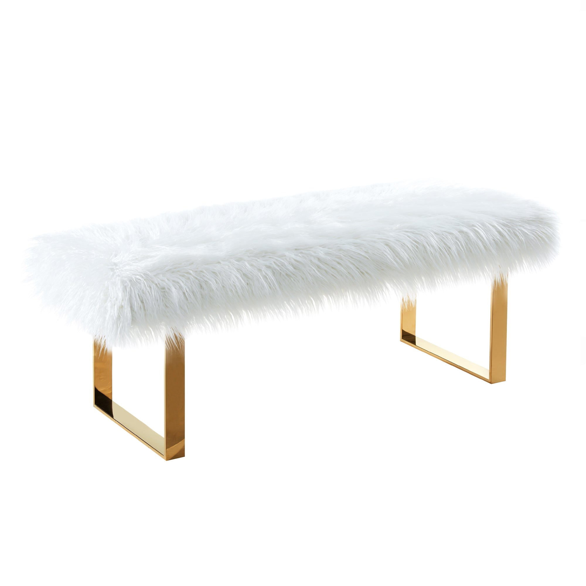 Armen Living Zinna Contemporary Bench in White Fur and Gold Stainless Steel Finish