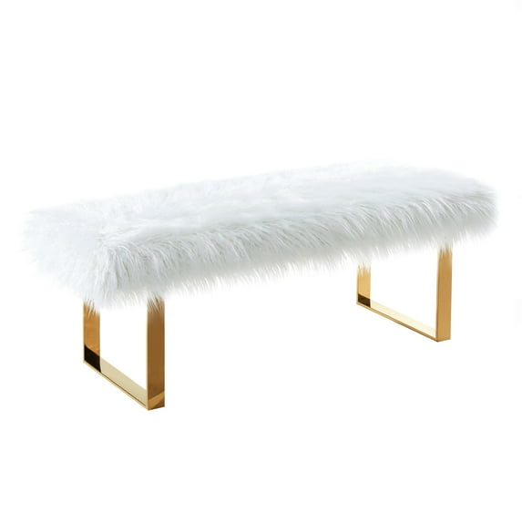 Armen Living Zinna Contemporary Bench in White Fur and Gold Stainless Steel Finish