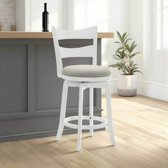 Armen living Blair 30 in. Matte White Bar Height Rubberwood Swivel Barstool with Fog Fabric Seat