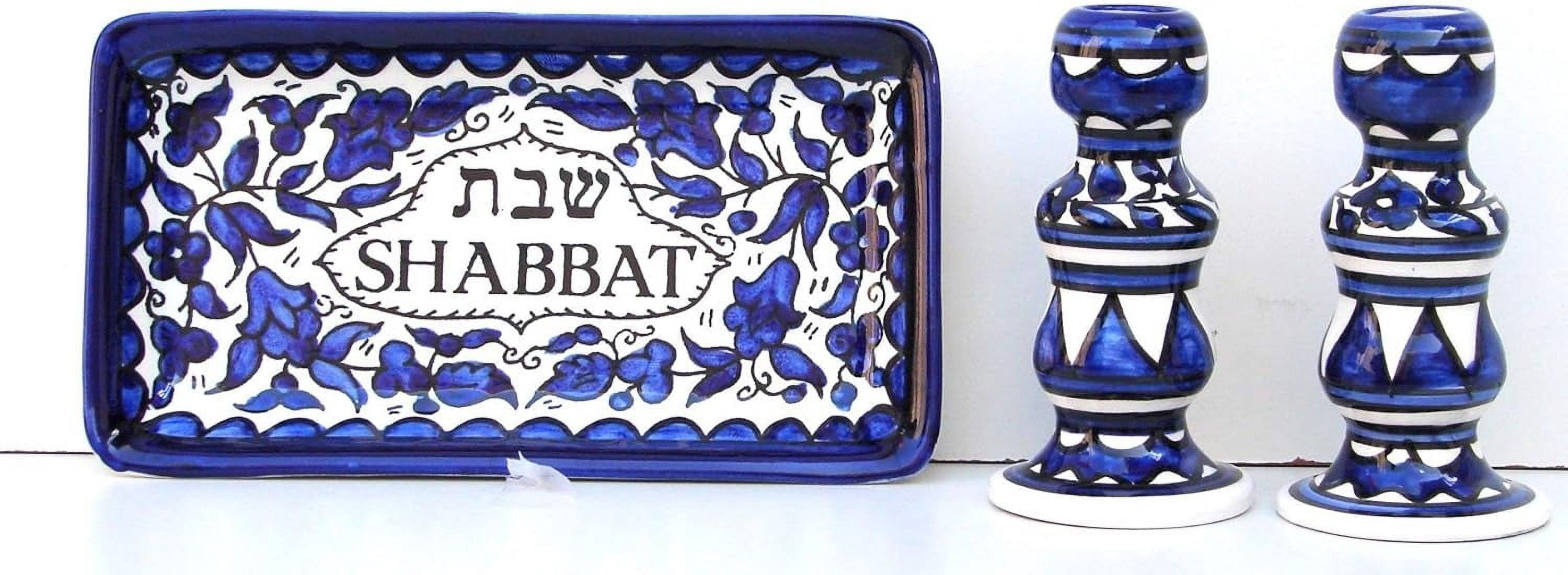 Jerusalem Pottery Colorful Ceramic Candlesticks With Matching Plate – For Shabbat, Holidays & Home Decor