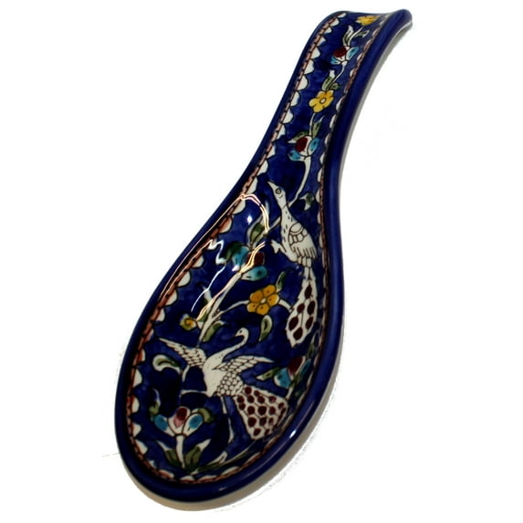 Armenian hand painted cooking Spoon Rest/Ladle Holder - Large with deep Round Cup part - Asfour Outlet Trademark