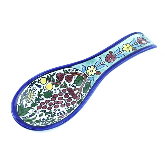 Armenian hand painted cooking Spoon Rest/Ladle Holder - Large with deep Round Cup part - Asfour Outlet Trademark