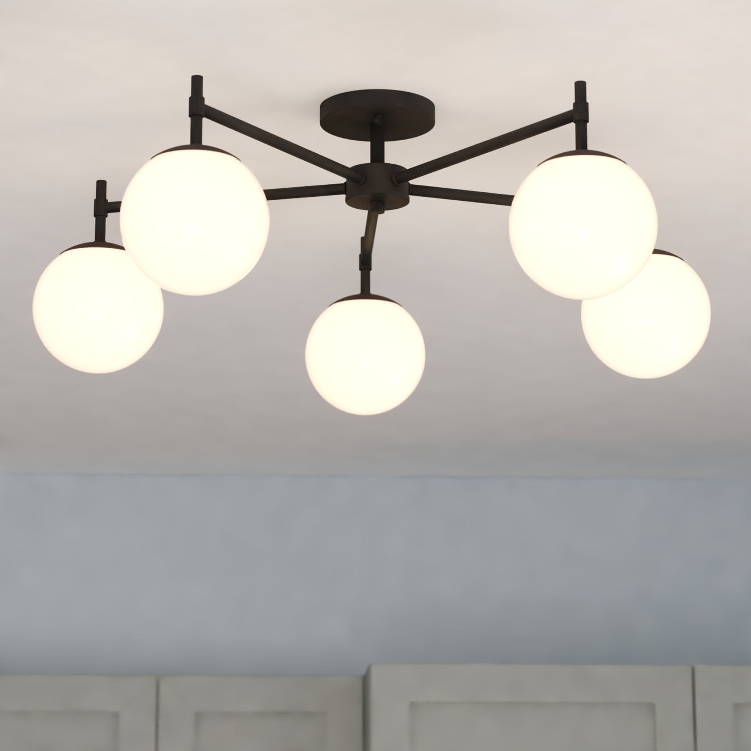 Armitage 32-in W Matte Black Semi Flush Mount Ceiling Light Fixture White Glass Globe Shade, LED Compatible