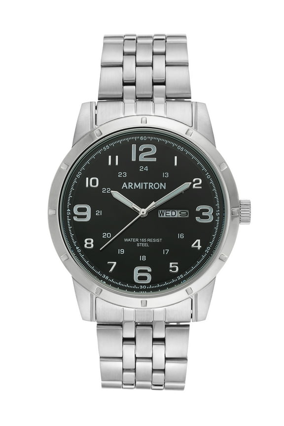 Men's Silver-Tone and Black Day Date Dress Watch