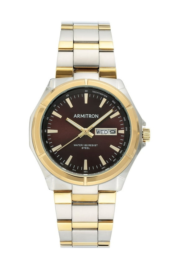 Men's Two-Tone and Brown Day Date Dress Watch with Classic Metal Watchband