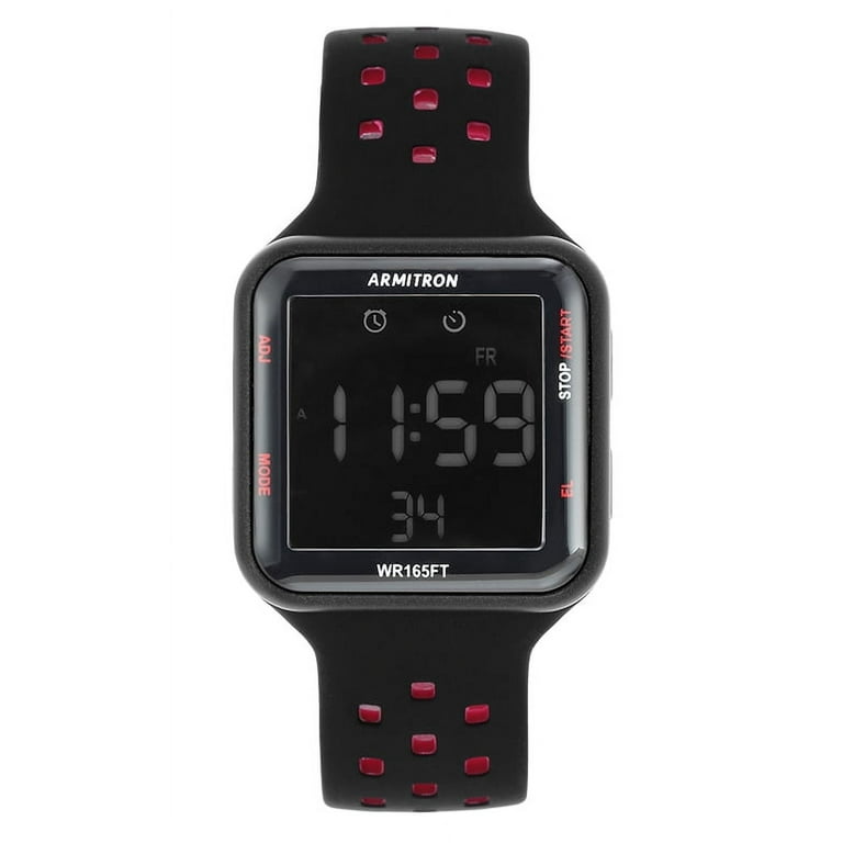 Armitron Unisex Sport Black Red Square Watch with Silicone Band Adult Unisex