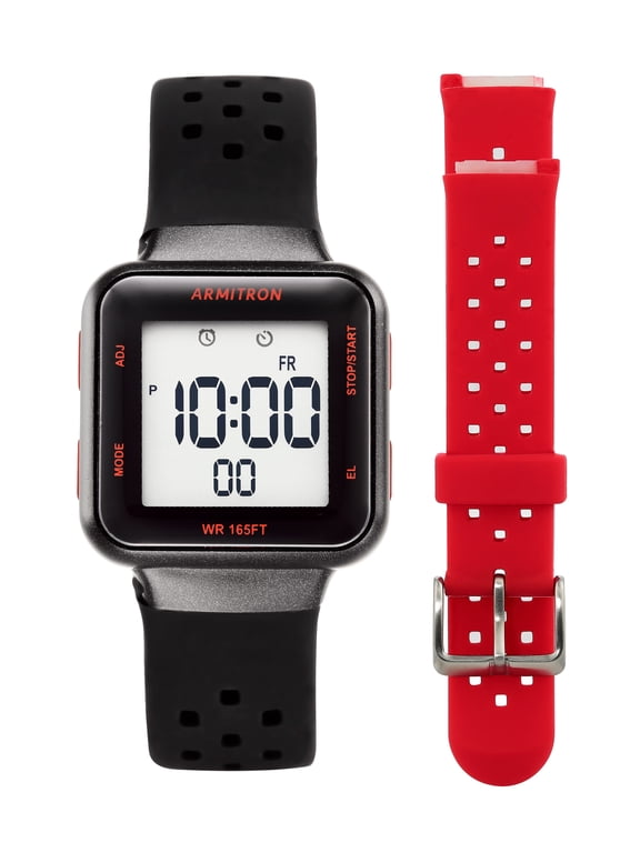 Unisex Adult Sport Wristwatch with Black Square Dial and Red Strap