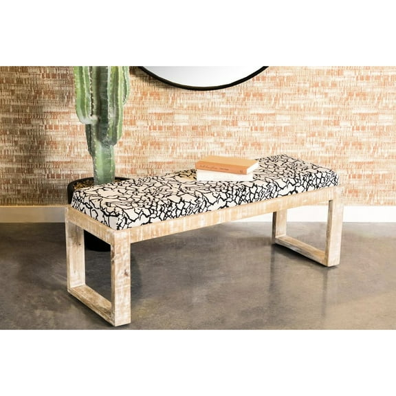 Armless Accent Bench In Black And White With Distressed Wood Frame Rustic Fabric