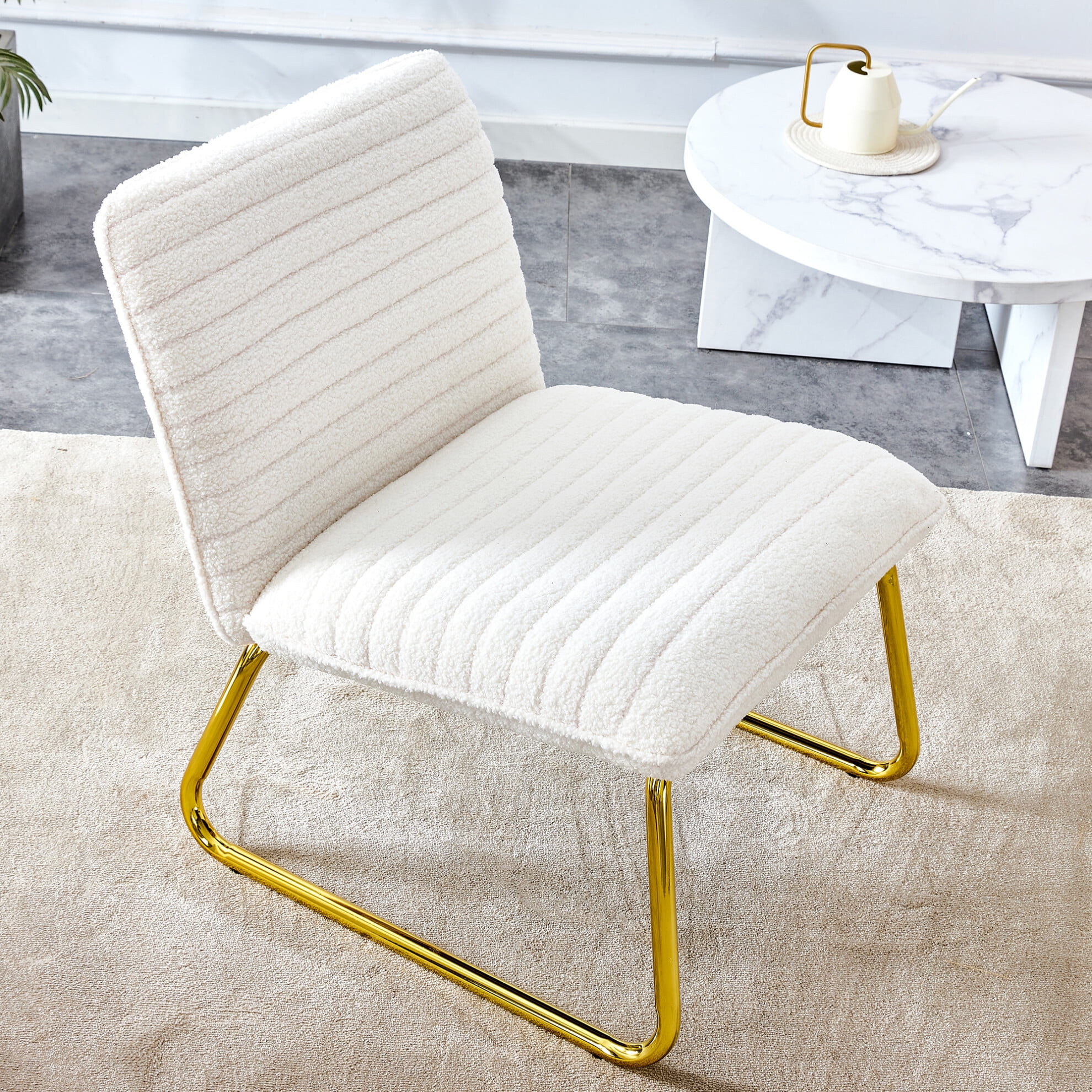 Armless Accent Chair Office Chair No Wheels with Gold Metal Legs Teddy Upholstered Dining Room Chair with Soft Cushion for Living Room Reading