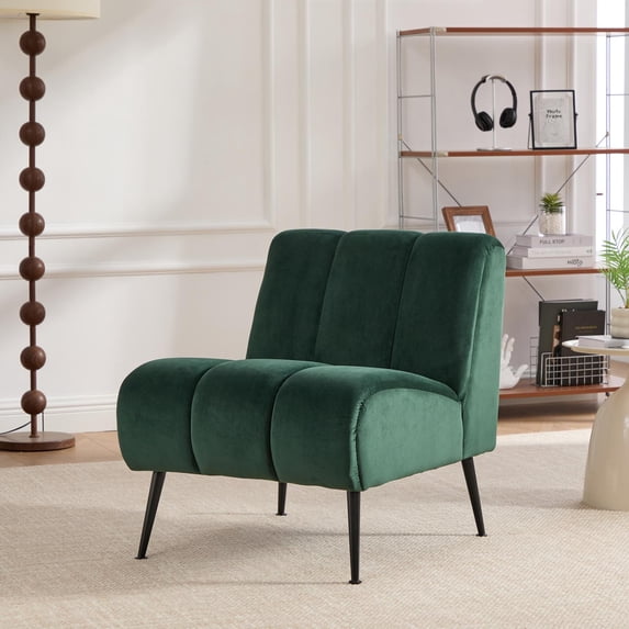 Armless Accent Chair, Upholstered Chair, Velvet Accent Chair with Black Metal Legs, Green for Living Room, Bedroom, Office