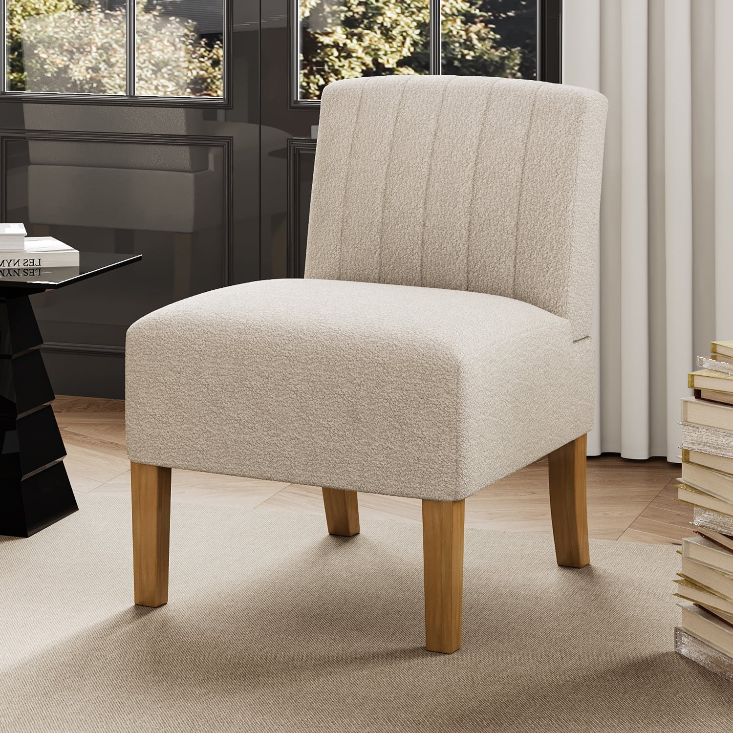 Virrmo Modern Fabric Solid Print Sturdy Armless Accent Chair with Wooden Legs Beige