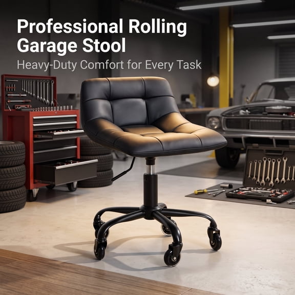 Lessmore Rolling Garage Stool with Backrest, Mechanic Stool Workshop Seat with Wheels & Backrest for Auto Repair,Balck