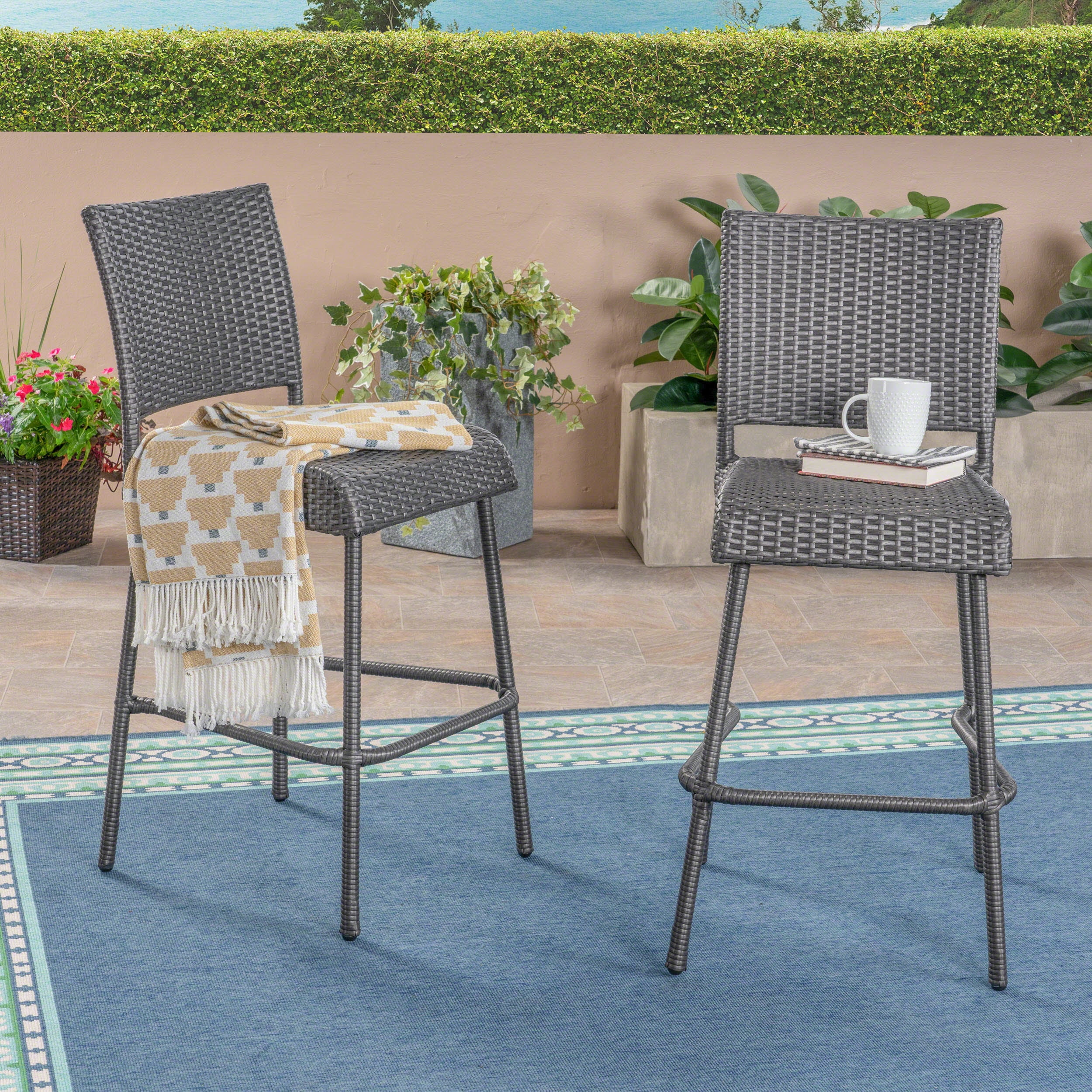 Armless Barstools 29 Inch Set of 2, Outdoor PE Rattan Stools for Patio Bar, Grey