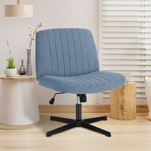 Armless Criss Cross Legged Office Chair, Desk Chair No Wheels, Fabric, Blue