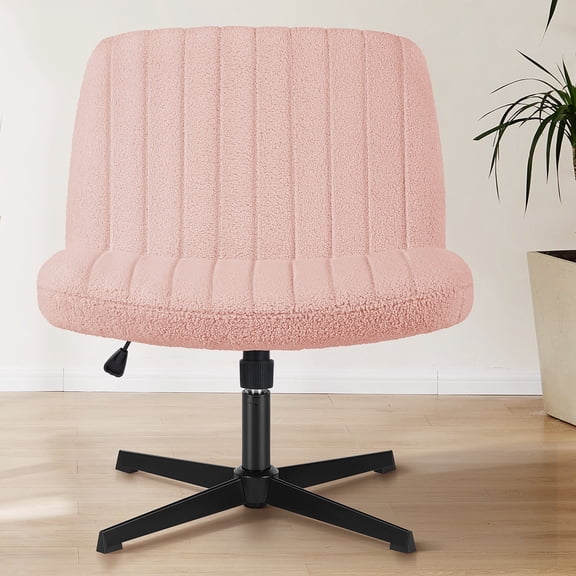 Armless Criss Cross Legged Office Chair, Desk Chair No Wheels, Teddy Fabric, Pink