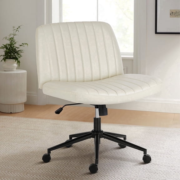 Armless Criss Cross Legged Office Chair, Desk Chair With Wheels, PU Leather, Beige