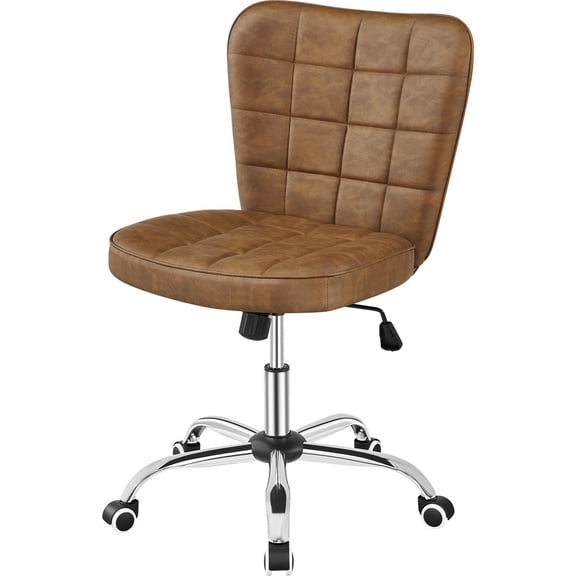 Armless Desk Chair, Modern Tufted Office Chair, Faux Leather Computer Chair for Home Office, Rolling Swivel Task Chair, 360 Rotation, Adjustable Height,for Study, Dorm, Reception, Brown