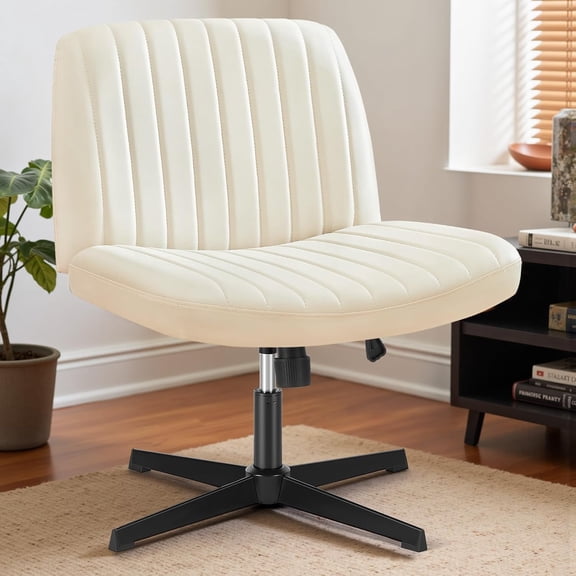 Armless Desk Chair without Casters, Criss-Cross Metal Base, Adjustable Height PU Leather Seat and Back, Beige