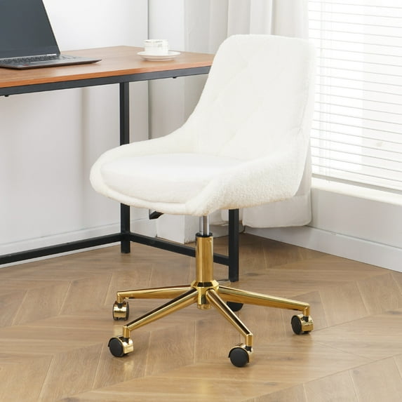 Armless Desk Chairs with Wheels,Comfy Upholstered Desk Chair with Wide Seat and Backrest Height Adjustable Computer Task Chairs for Home Base, Bedroom, Small Space, Make up,Beige